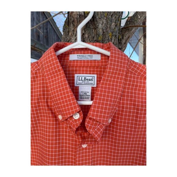 L.L. Bean Button Down Shirt Orange Gingham Check Wrinkle Free Traditional Fit - Picture 2 of 5